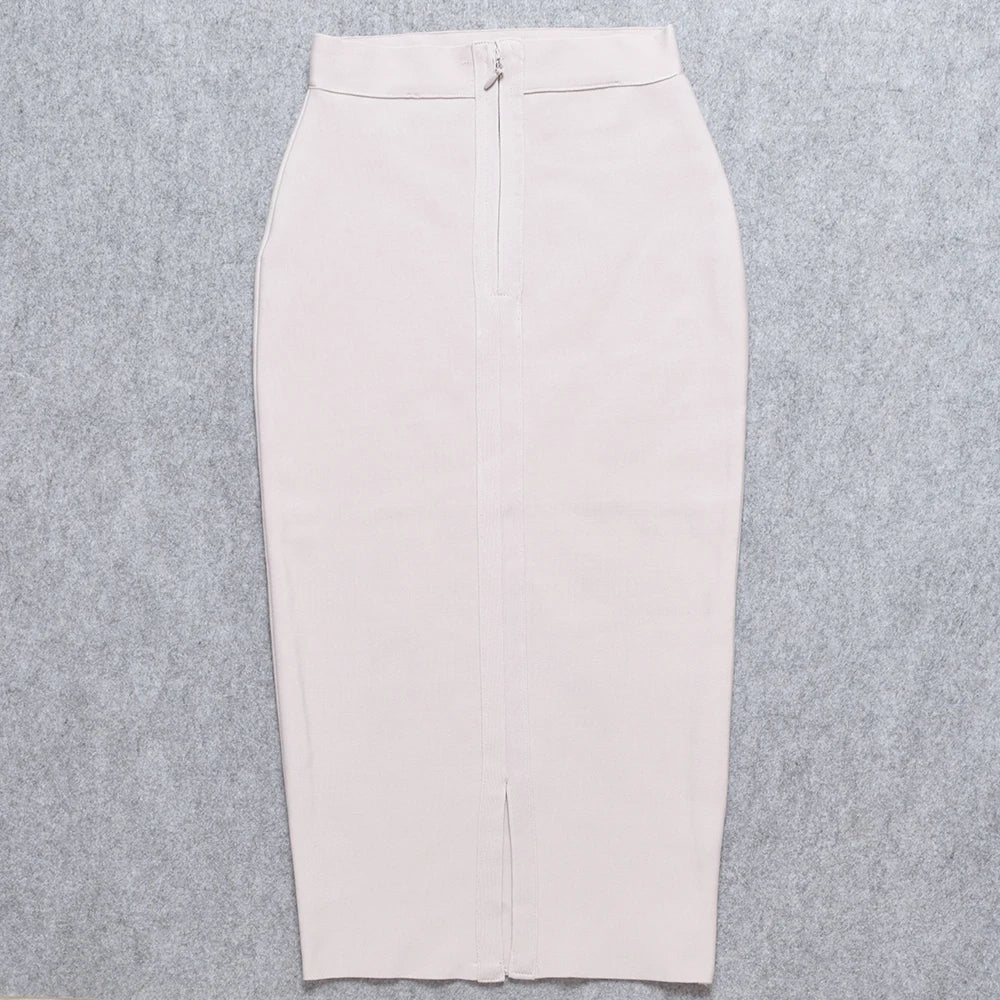 HQBORY Sexy Quality Nude Beige Bandage Skirts Midi 2023 Women Summer Red Split Party Skirt Bodycon High Waist Office Lady Skirt