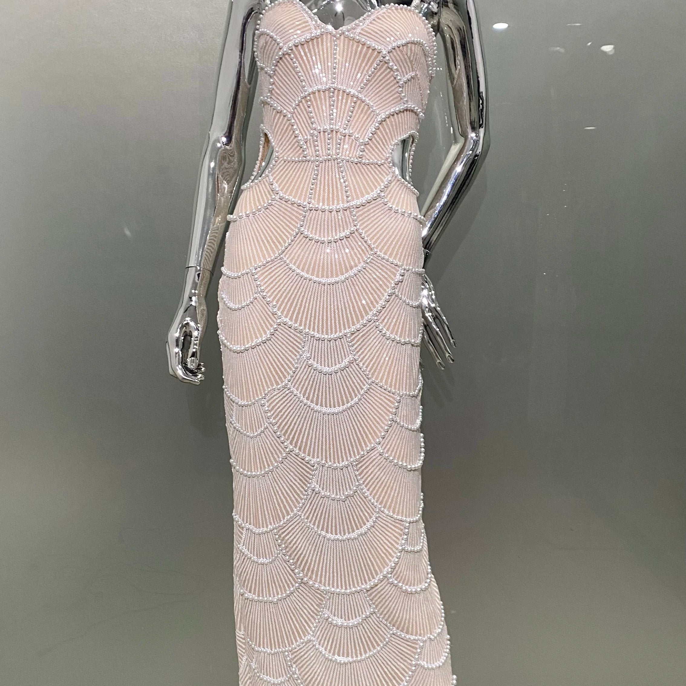 Women Sexy Pearl Beading Sequins Bodycon Mid-calf Dress Fashion Celebrate Evening Party Birthday Dress Wholesale