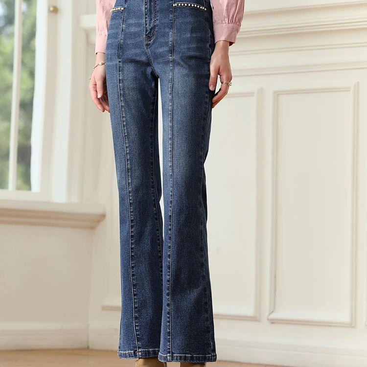 Denim Blue Women Jeans Beaded Spliced Autumn New Ankle-length Retro Elastic Female Flare Pants
