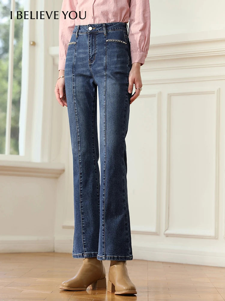 Denim Blue Women Jeans Beaded Spliced Autumn New Ankle-length Retro Elastic Female Flare Pants