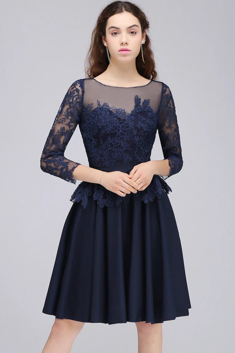 A-line Scoop Long Sleeves Lace Homecoming Dress Chiffon A Line Skirt Short Knee-Length Formal Party Gown Prom
