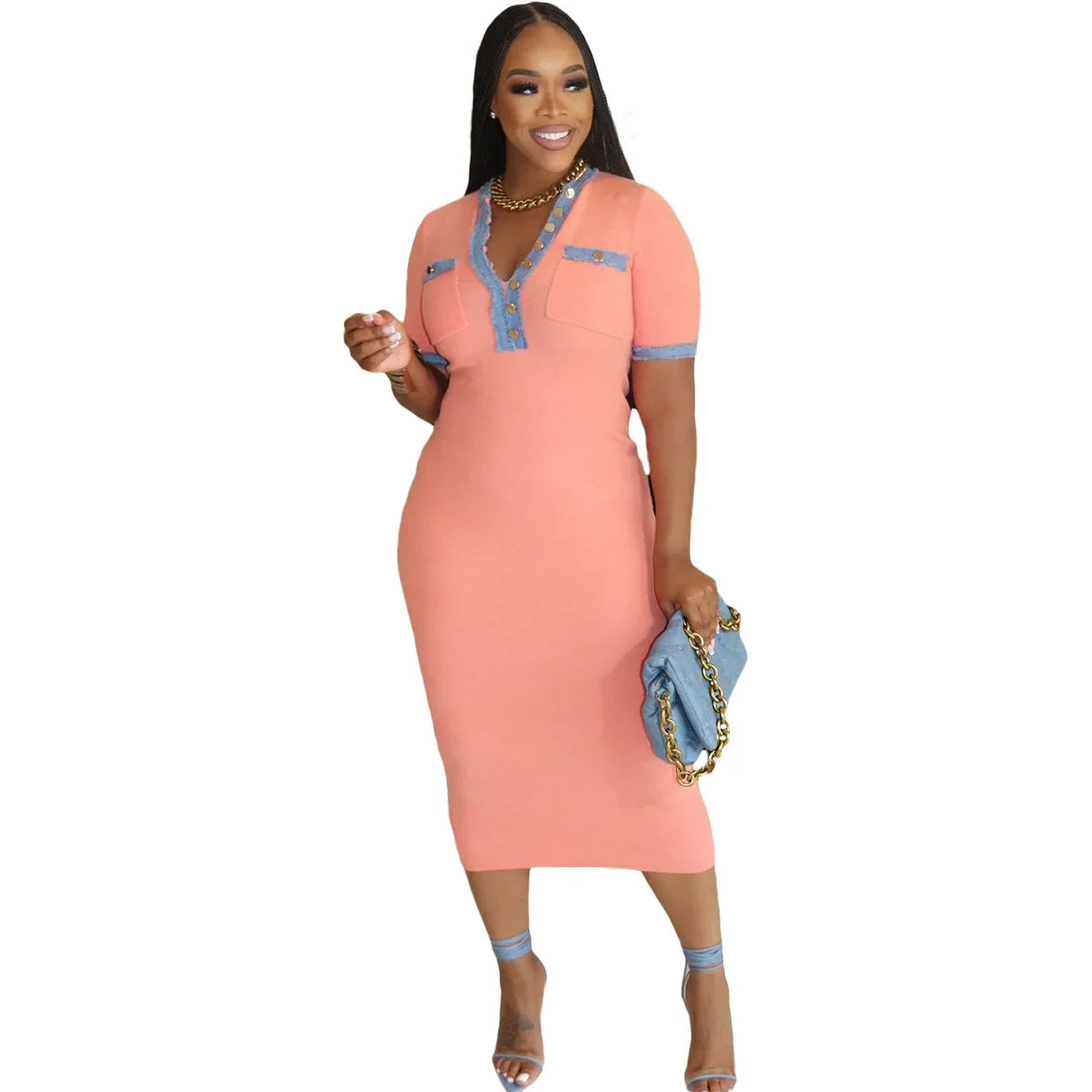 CM.YAYA Women Button Front Denim Splicing V-neck Short Sleeve Midi Dress 2024 Summer Sexy Club Street Party Dresses Vestidos Coral