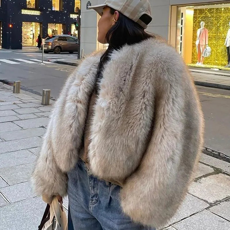 Short Faux Fur Coats Women Plush Autumn Winter O-neck Open Stitch Loose Women's Coat Long Sleeve Casual Jacket Female Streetwear grey