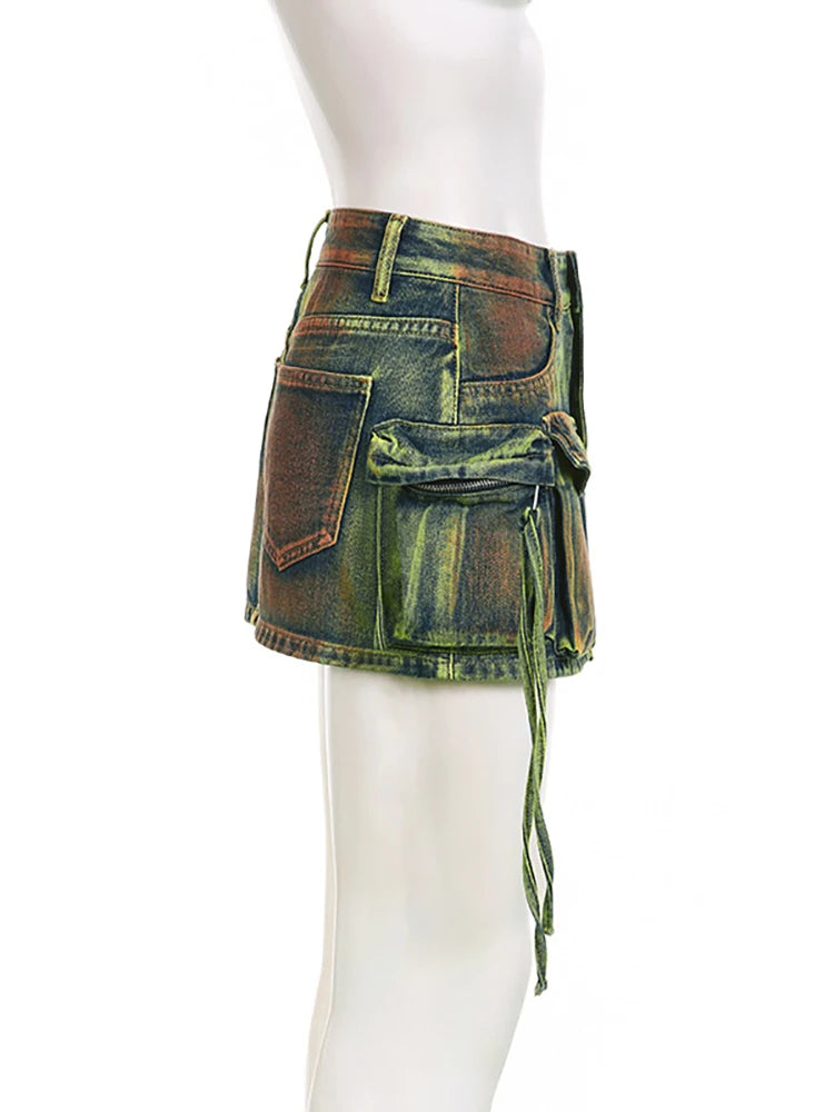Women's Denim Skirts Tie-dye Green Irregular Spliced Multiple Pockets Cargo Mini Skirt Autumn Fashion