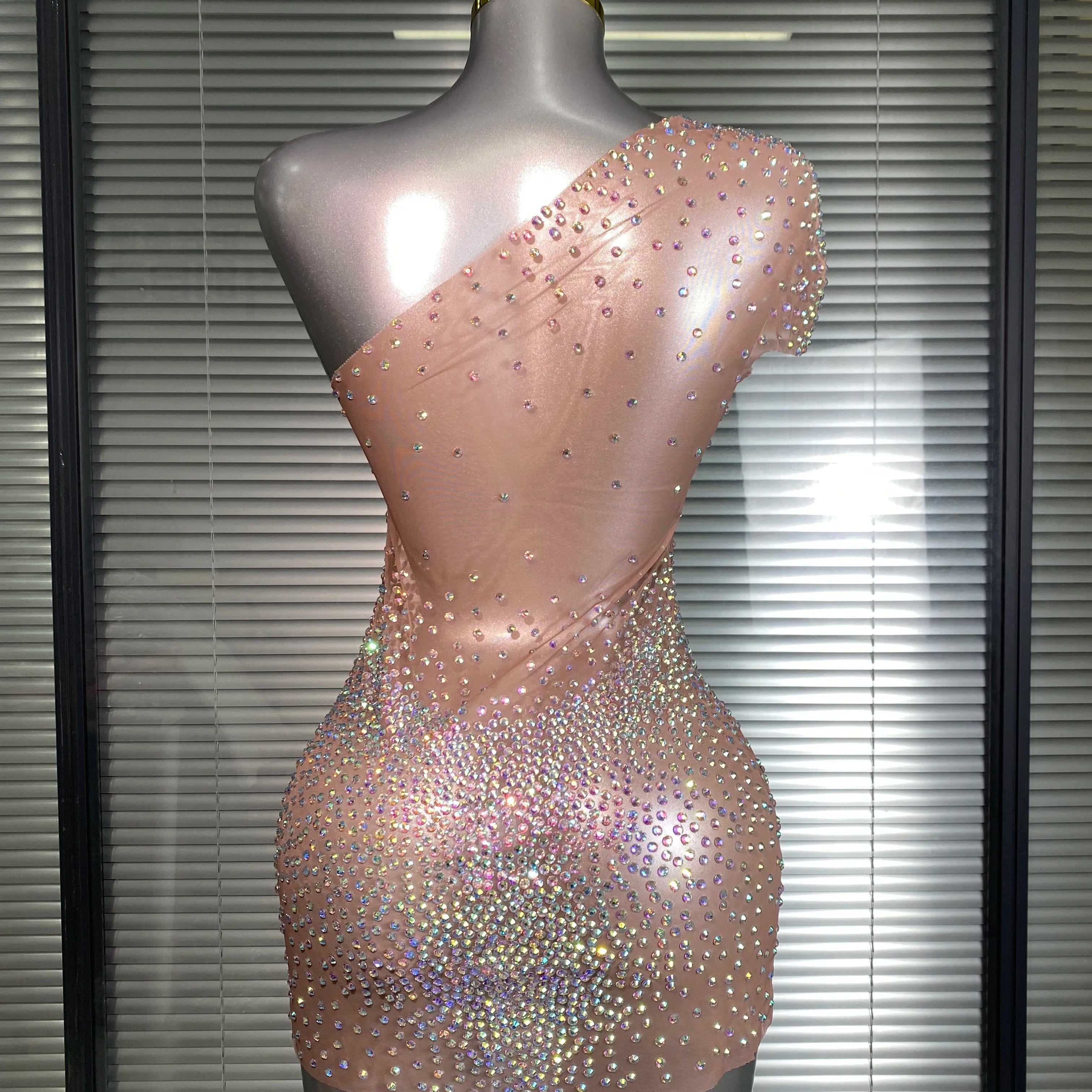 Celebrity New Women Sexy One Shoulder Mesh Sheer Crystal Rhinestones Stage Costume Stage Dancer Night Club Tank Mini Party Dress
