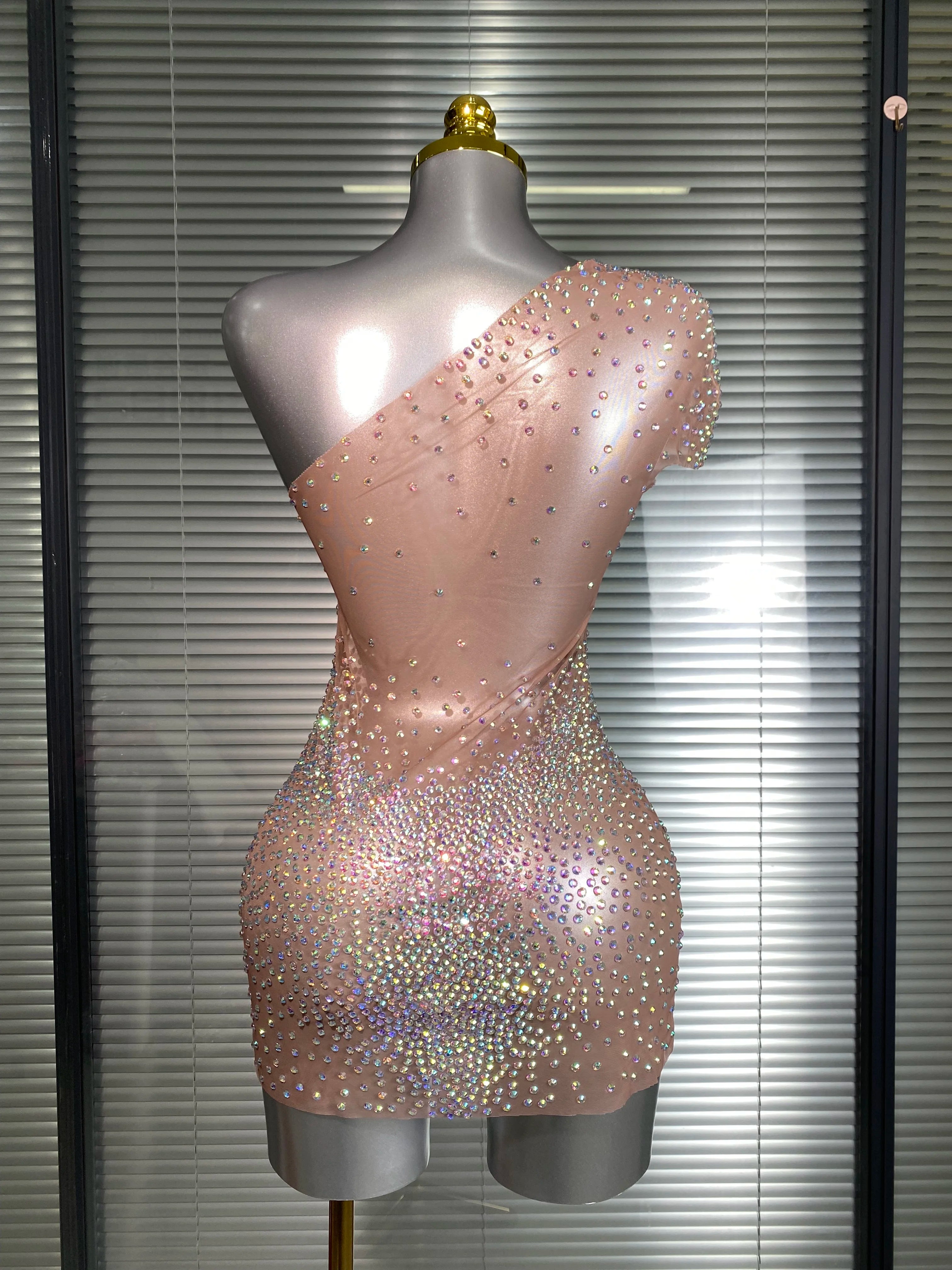 Celebrity New Women Sexy One Shoulder Mesh Sheer Crystal Rhinestones Stage Costume Stage Dancer Night Club Tank Mini Party Dress