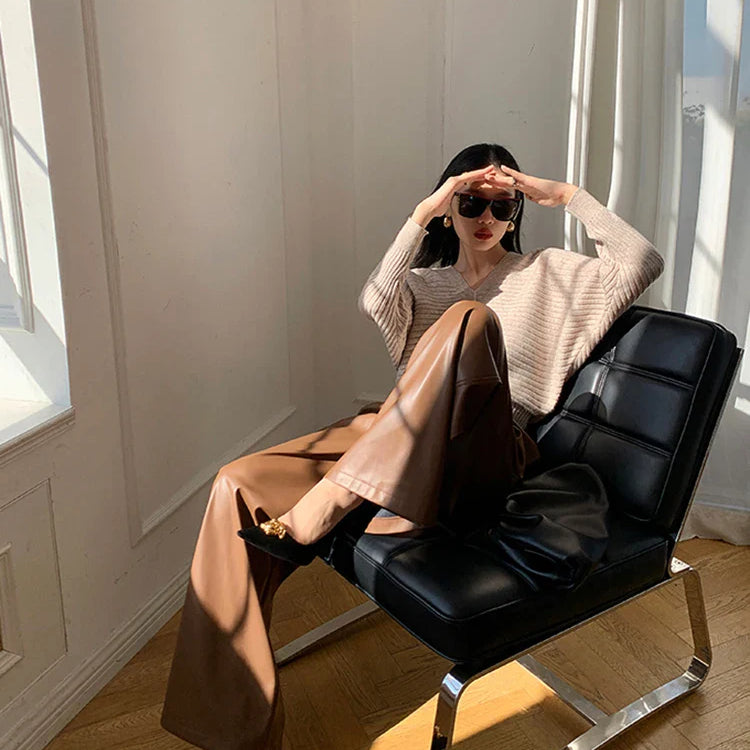 Spring Autumn Loose Casual Soft Black Burgundy Pu Leather Wide Leg Pants for Women High Waist Korean Style Fashion 2023 coffee