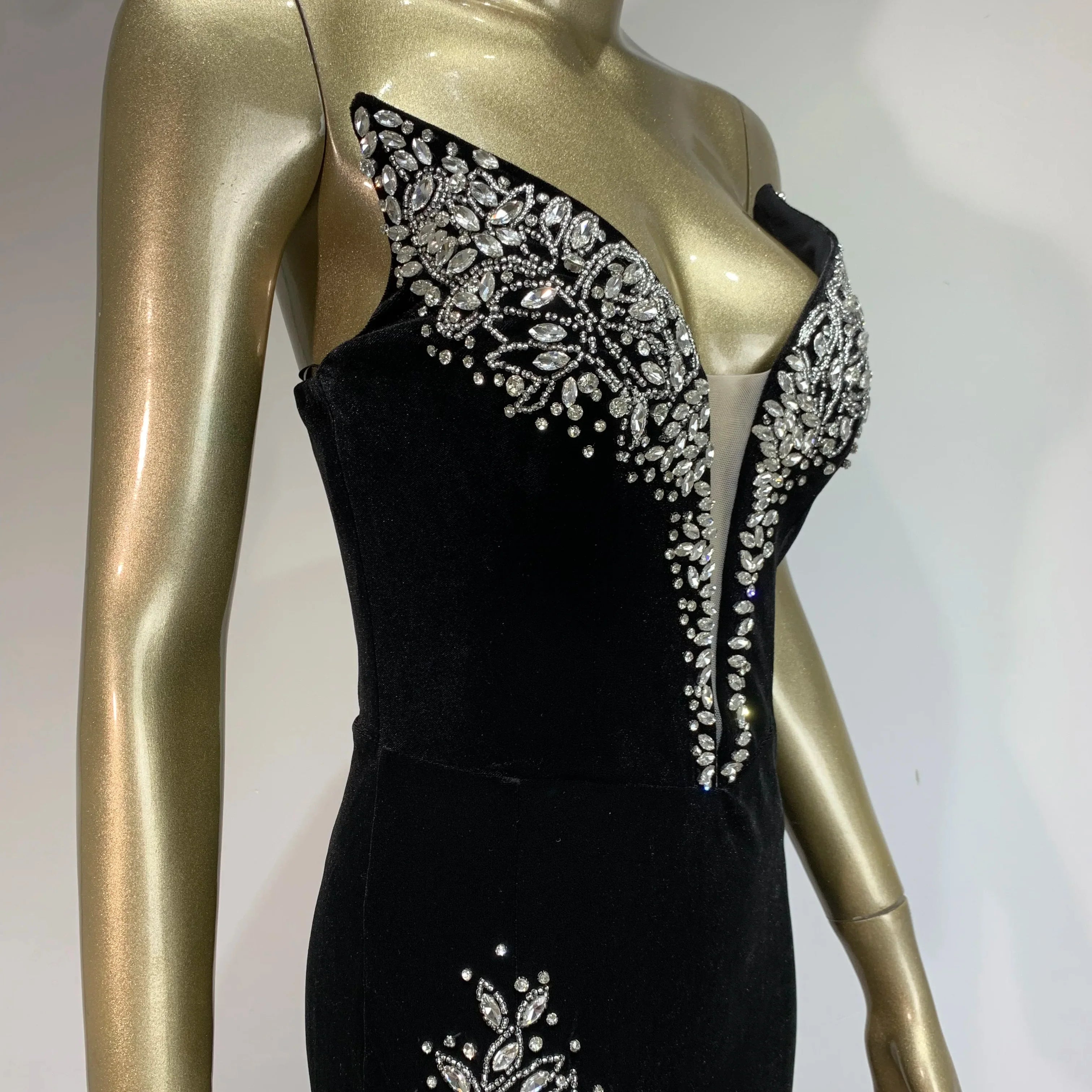 Sexy Strapless Backless Beading Diamonds Black Maxi Long Women Celebrity Dress Elegant Party Evening Stage Vestido