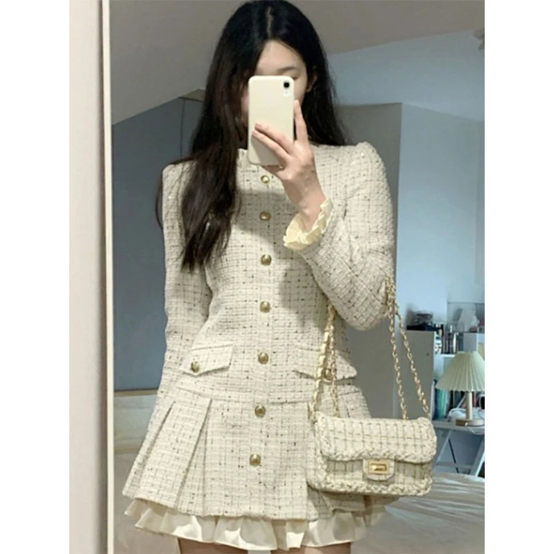 Sweet Tweed Mini Dress Women Elegant Ruffles Pleated A Line Dresses Vintage Korean Party Patchwork Bodycon Vestidos New Picture Color