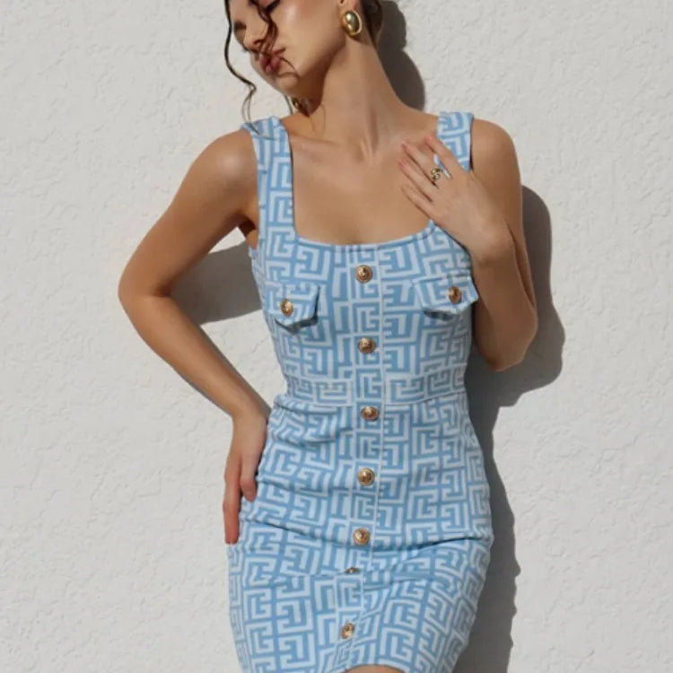 Women Summer Sexy Skyblue Jacquard Mini Bodycon Bandage Dress Elegant Evening Party Dress