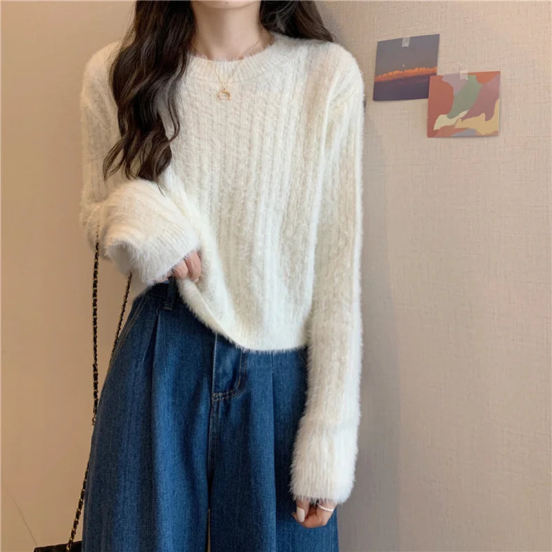 Fuzzy Mohair Sweater for Women Fluffy Long Sleeve Crew Neck Rib Knitted Pullover Plain Jumper Soft Girl Autumn Winter Outfit WHITE One Size