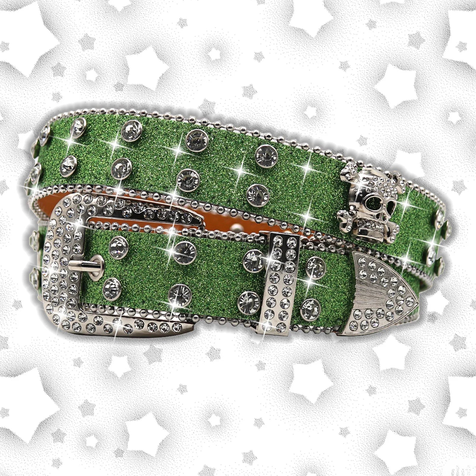 Women's Brand Luxury Sequin Punk Metal Buckle Belt Y2k Bling Skull Rhinestone Belt Fashion Waistband Jeans Pants Decor Belt Green