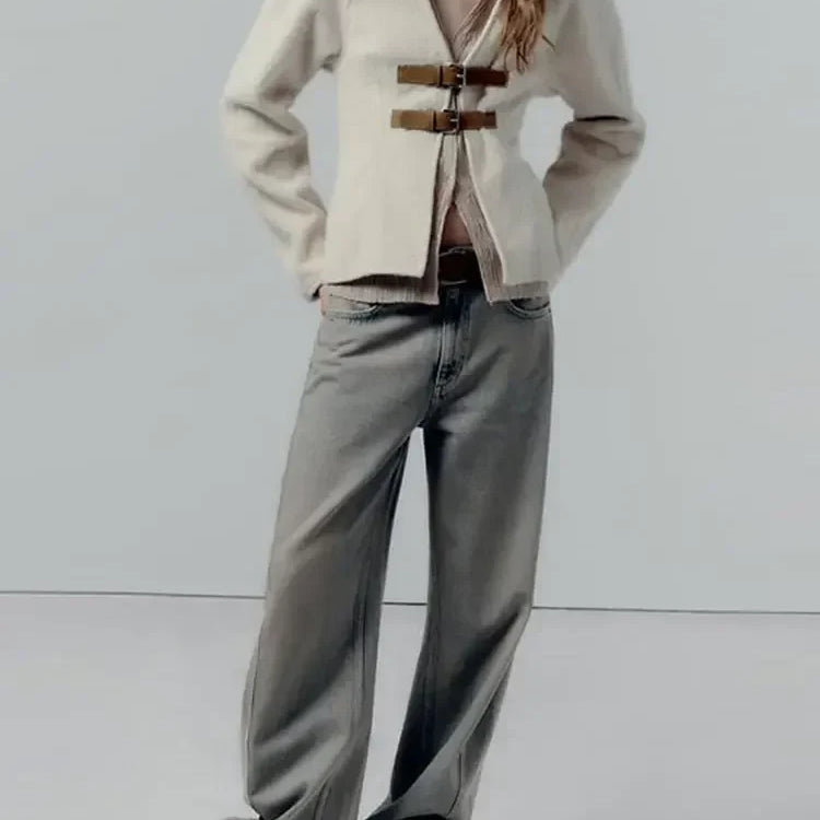 Vintage Leather Buckle Woolen Coat For Women Fashion V Neck Long Sleeve Cropped Jacket Spring Female High Street Outerwear Beige