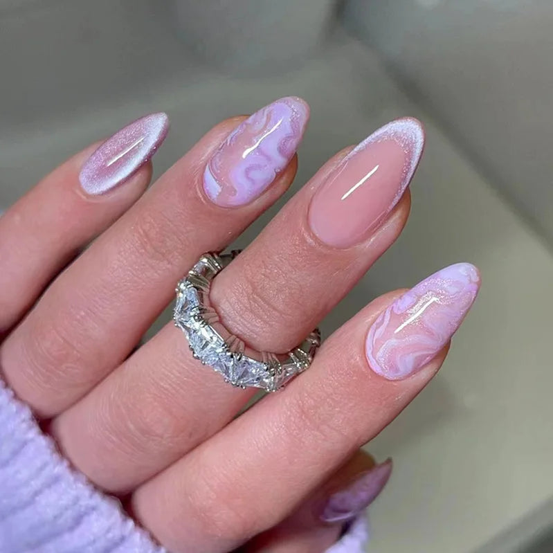 24Pcs Almond Green Press on Fake Nails with Glue Simple Oval Manicure Set Short Flowers Design False Nails Full Cover Nail Tips