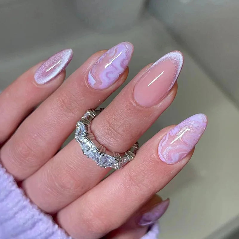 24Pcs Almond Green Press on Fake Nails with Glue Simple Oval Manicure Set Short Flowers Design False Nails Full Cover Nail Tips