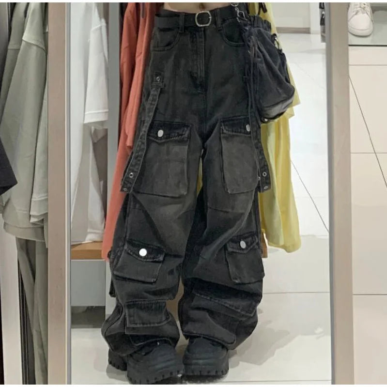 Y2K Cargo Jeans Pants Women Street Loose Oversize Panelled Pentacle Raw Hem Pant 2024 Vintage Blue Hip Hop Female Denim Trousers