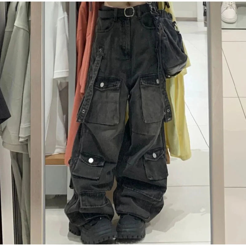 Y2K Cargo Jeans Pants Women Street Loose Oversize Panelled Pentacle Raw Hem Pant 2024 Vintage Blue Hip Hop Female Denim Trousers