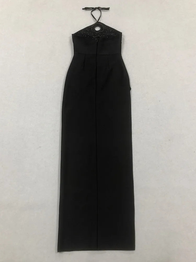 Women Sexy Backless Halter Pearl Black Maxi Long Beading Celebrity Bodycon Bandage Dress 2025 Elegant Evening Club Party Outfit