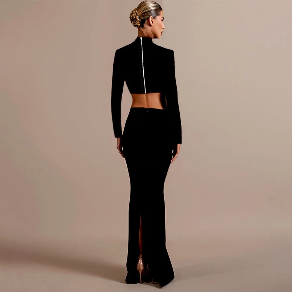 Black Red Women Long Sleeve Shinning Rhinestones 2 Pieces Bodycon Long Bandage Dress Elegant Evening Party Red Carpet Outfit