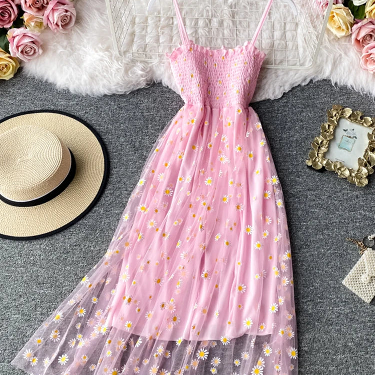 Summer Beach Mesh Floral Dress Women Vintage Elegant Sexy Beach Sundress Woman Party Night Korean Kawaii Vestidos SKY BLUE One Size