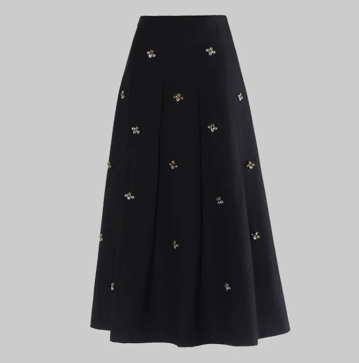 Spring Women French Style Luxury Rhinestone Beading Lady High Quality Solid Long Pleated Skirt black
