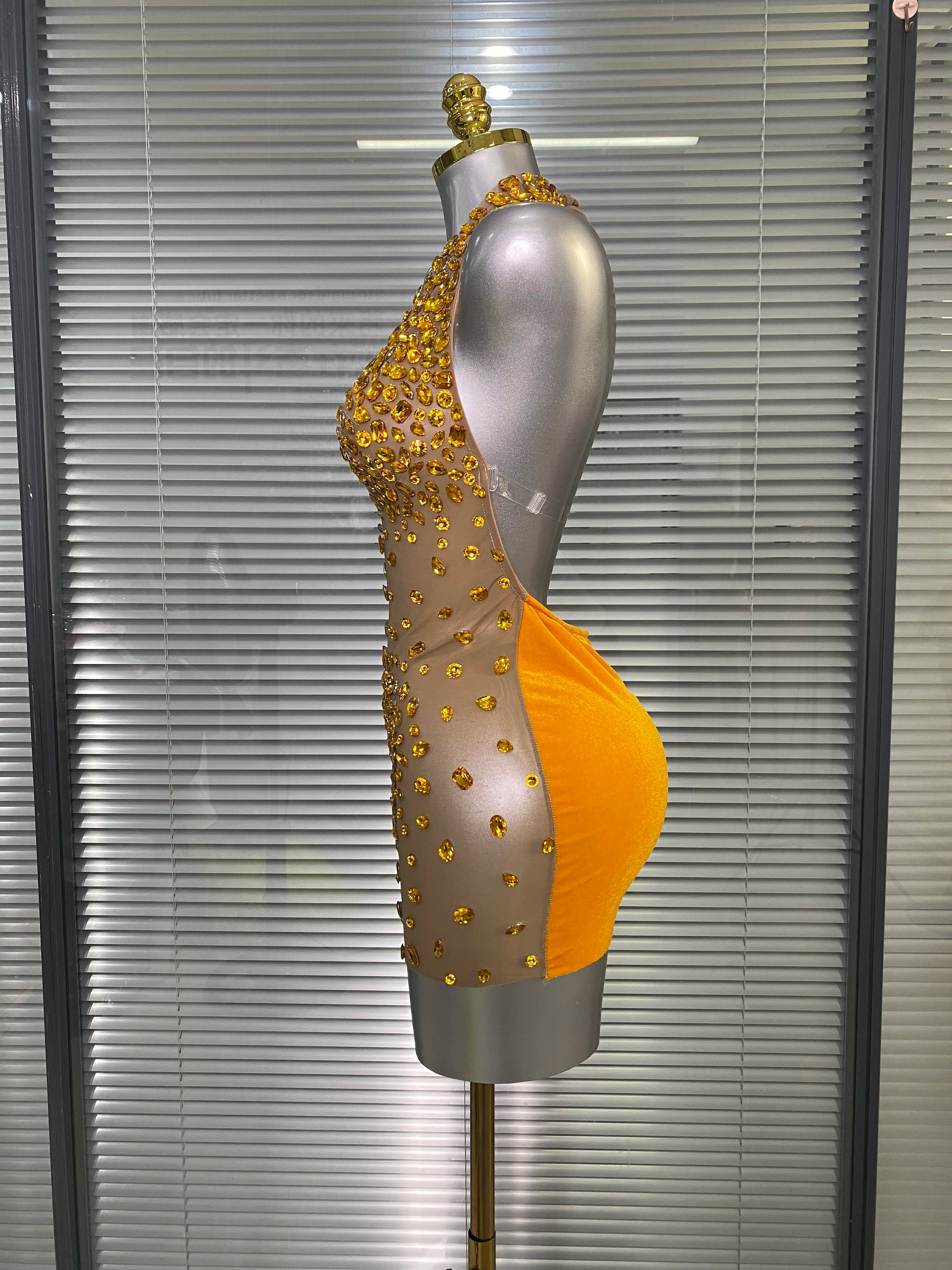 Celebrity New Women Sexy Transparent Mesh Backless Gold Black Costume Stage Dancer Singer Night Club Mini Party Dress