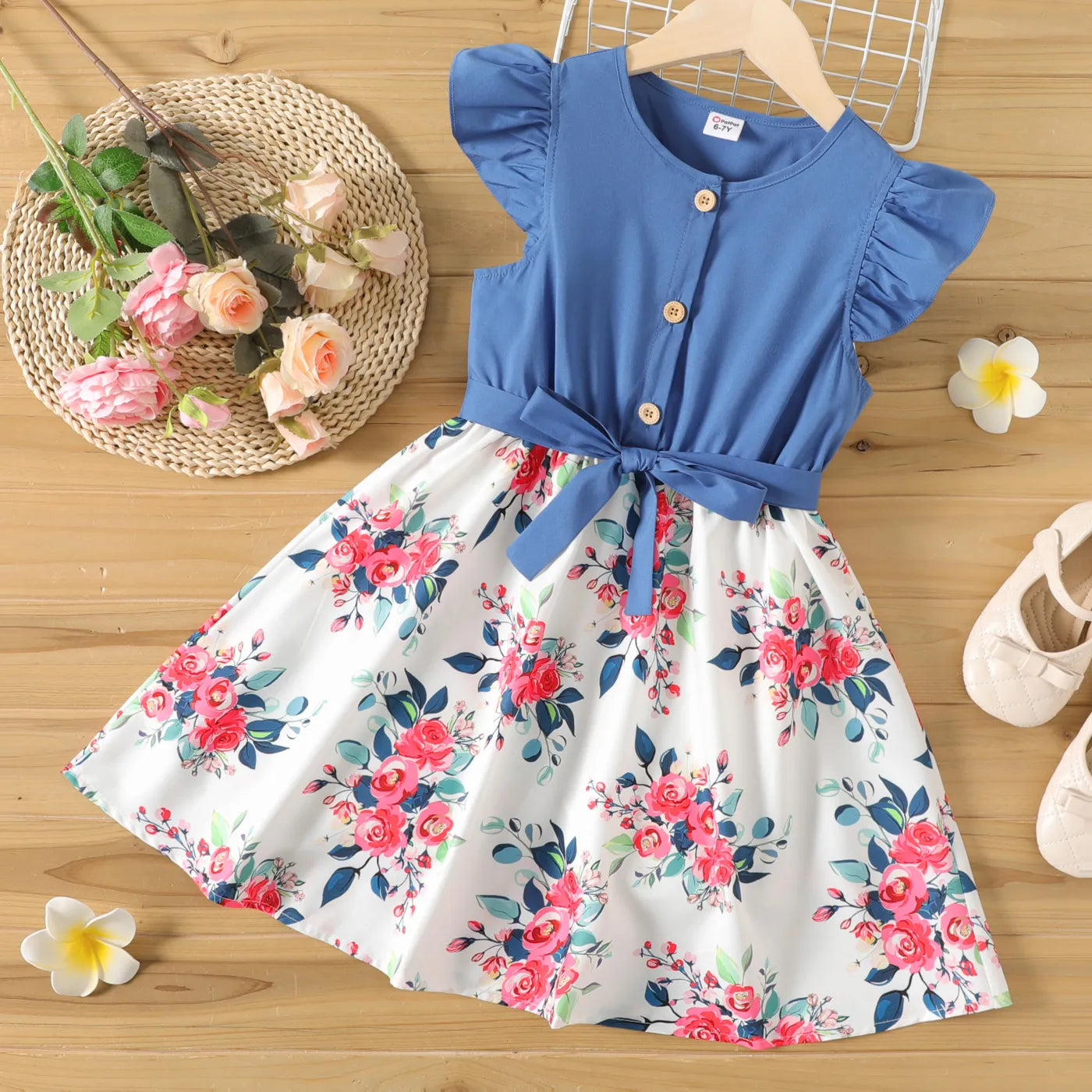 Girl Kids Dress Girl Dresses for Very Elegant Party Ruffled Floral Print Splice Belted Flutter-sleeve Dress Girl Clothing Blue