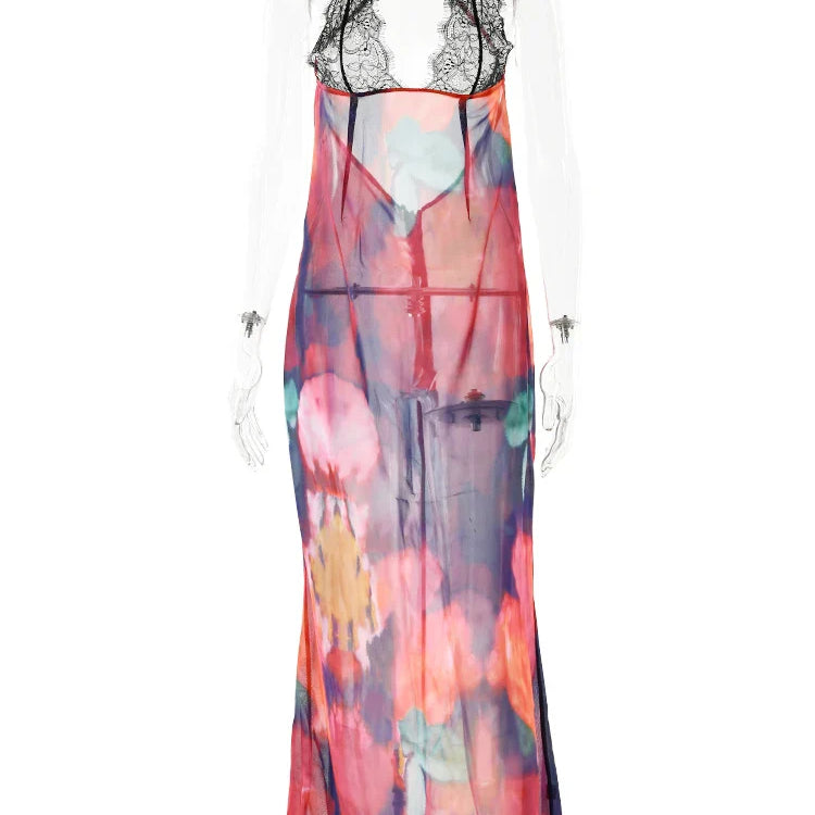 JULISSA MO Elegant Tie Dye Floral Chiffon Dress Summer Sexy Women Backless Lace Bodycon See Through Beach Party Vestidos