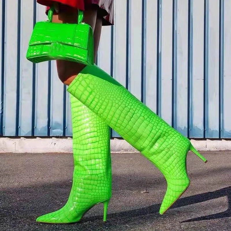 Size 43 Women Sexy Pattern Knee High Boots 2022 Autumn High-heel Pointed Toe Women's Shoes Black