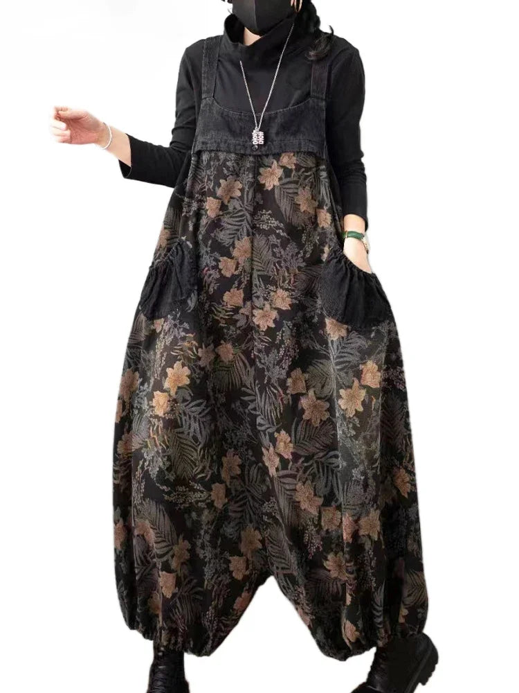 Spring Vintage Streetwear Womens Plus Size Printed Jeans Denim Overalls Ladies Floral Harem Pants Casual Trousers