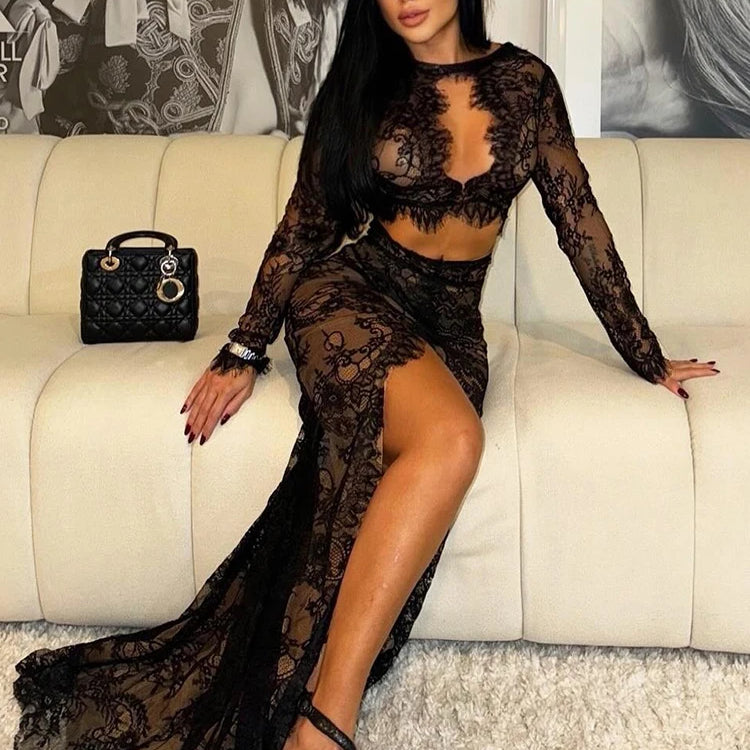 VC Black Lace Cut Out Long Dress Backless High Split Maxi Long Sleeves O Neck Celebrity Slim Cocktail Party Evening Gowns