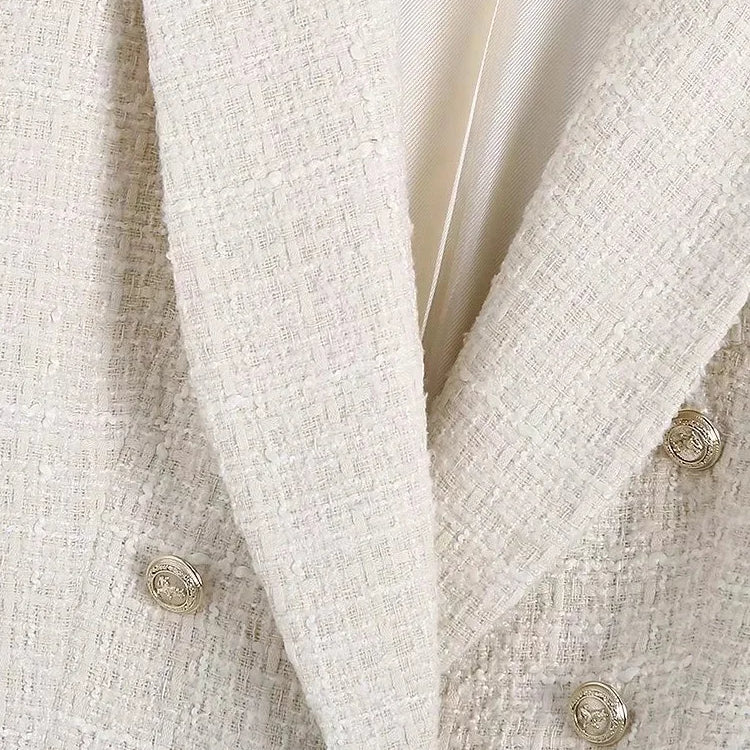 Women Fashion Tweed Double Breasted Blazer Coat Vintage Long Sleeve Flap Pockets Female Outerwear Chic Veste Femme