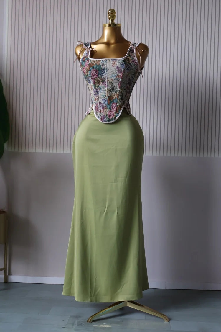 CM.YAYA Women's Dress Set Print Bow Corset Top and Maxi Long Skirt Suit 2025 Summer Elegant Evening Two 2 Piece Set Outfits