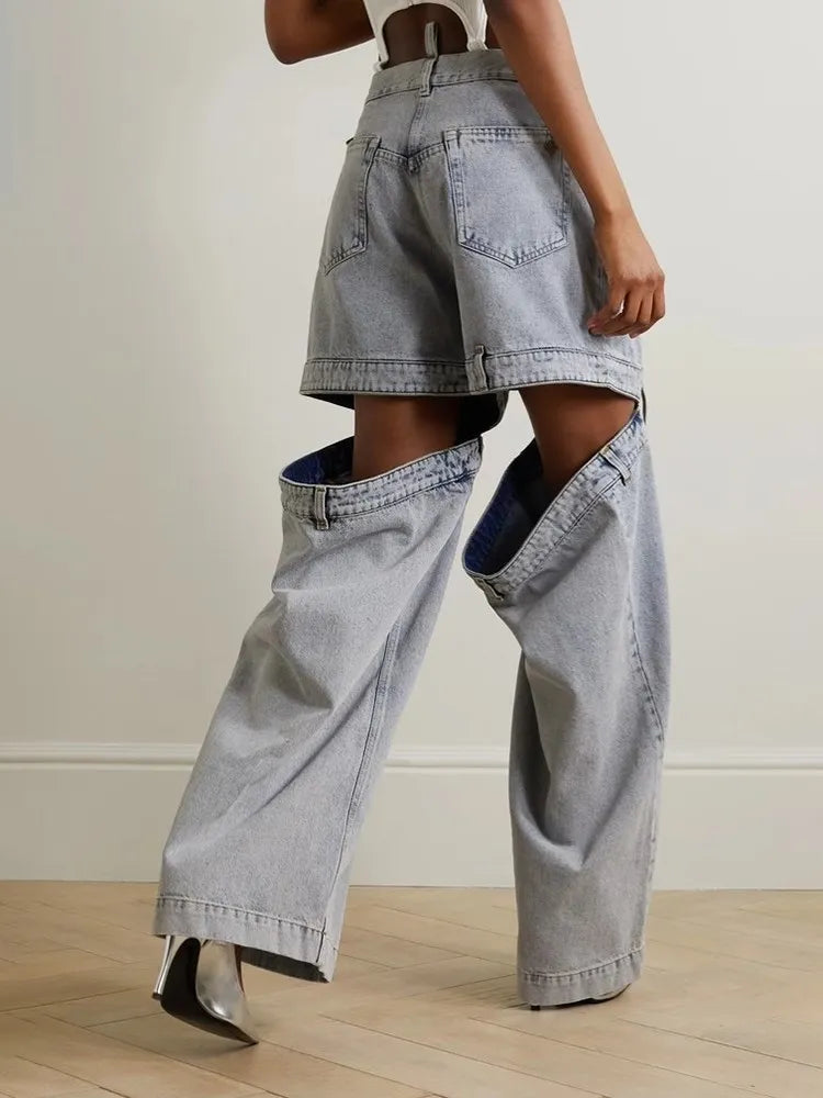 Hollow Out Streetwear Denim Trousers For Women High Wasit Loose Patchwork Wide Leg Pats Female Fashion Summer Clothing New