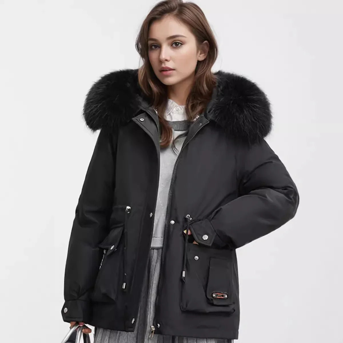Winter Women's Jacket Fur Collar Thicken Warm Casual Cotton Jacket Female 2 Pocket Drawstring Waist Cinching Parka Jacket black