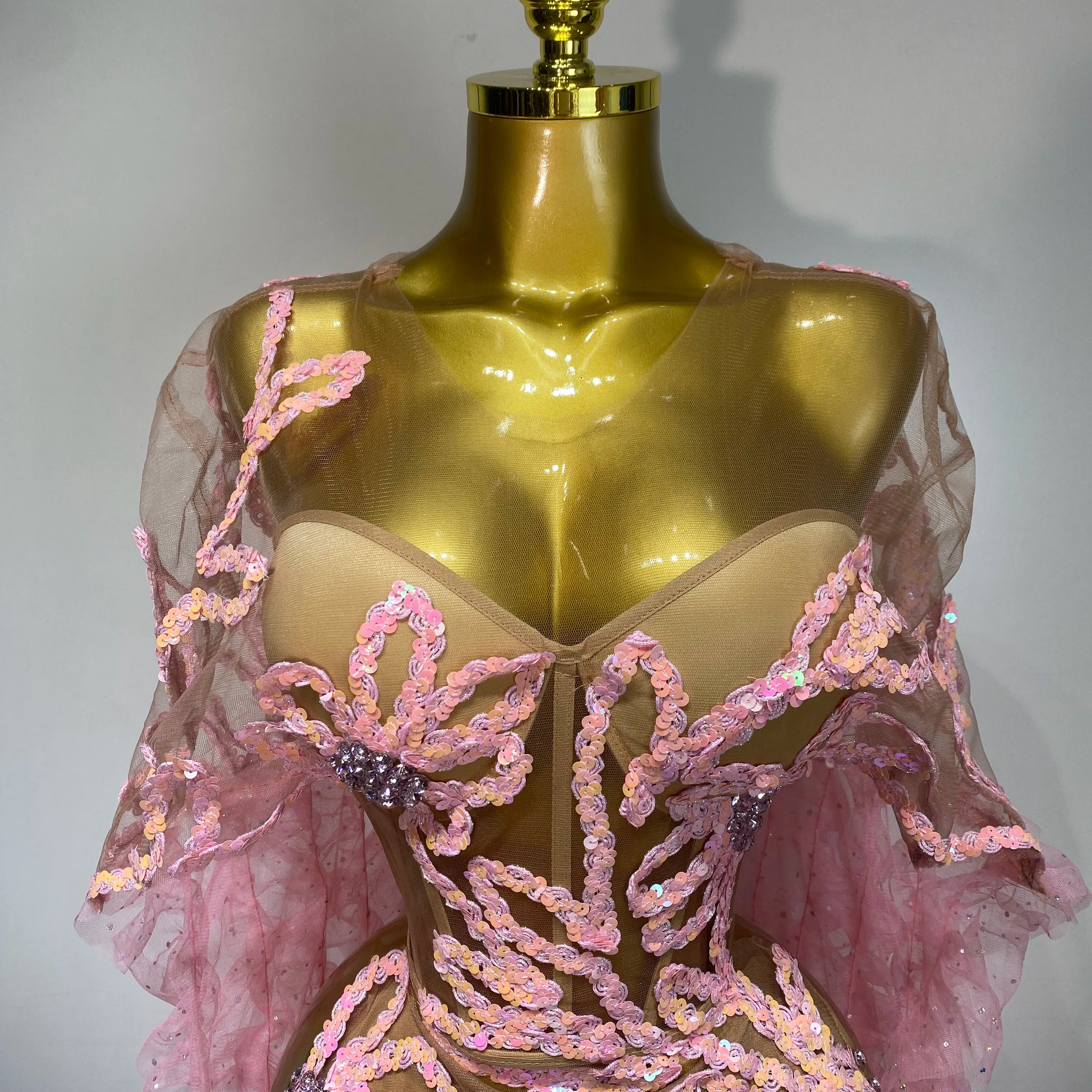 Women Sexy Mesh See Through Sequins Pink Maxi Long Dress Sparkly Sequin Evening Party Costume Stage Performance Birthday Dress