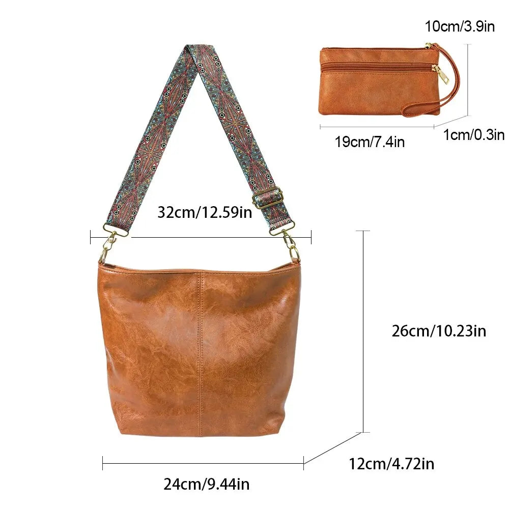 2PCS/Set Vintage Crossbody Bag with Purse Wide Bag Strap Hobo Bag Women Large Capacity Shoulder Bag for Work School Handbag