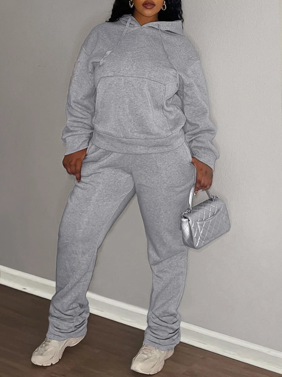 LW Plus Size Two pieces sets Hooded Collar Kangaroo Pocket Hoodie Top + Stacked pants sets casual Tracksuit Set for Autumn winte
