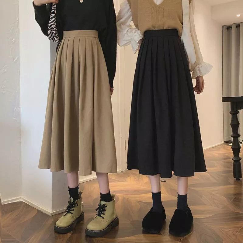 Vintage Brown High Waist Pleated Skirt Women Korean Fashion College Style Long Skirt Ladies Autumn Casual A line Skirts