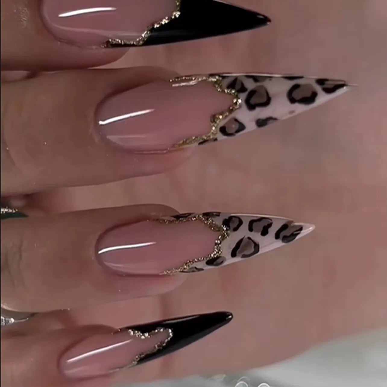 Cherry Leopard Print Almond Fake Nails Art Ballet Pointed False Nails Charms Flower Star Love Heart Press on Nails Manicure Tool