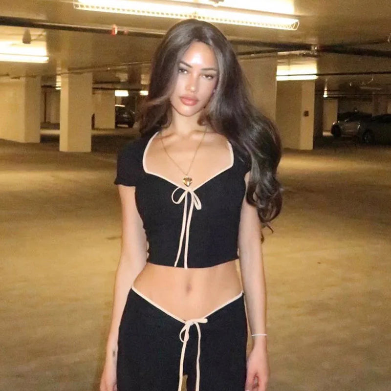 Y2k Summer Crop Top Bow Baby Tees Womens Clothes Chic Cute Low Cut Short Sleeve T Shirts Black black