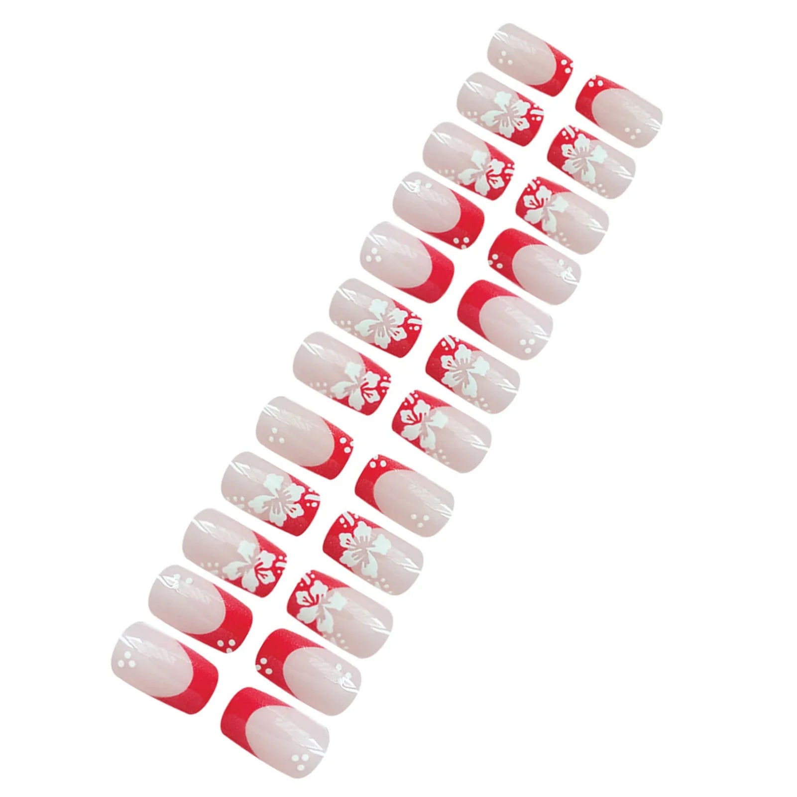 Red French Fake Nails 24Pcs Nude Color Square Head Press On Nails White Flower Printed Gentle Women Charm Manicure Nails Art