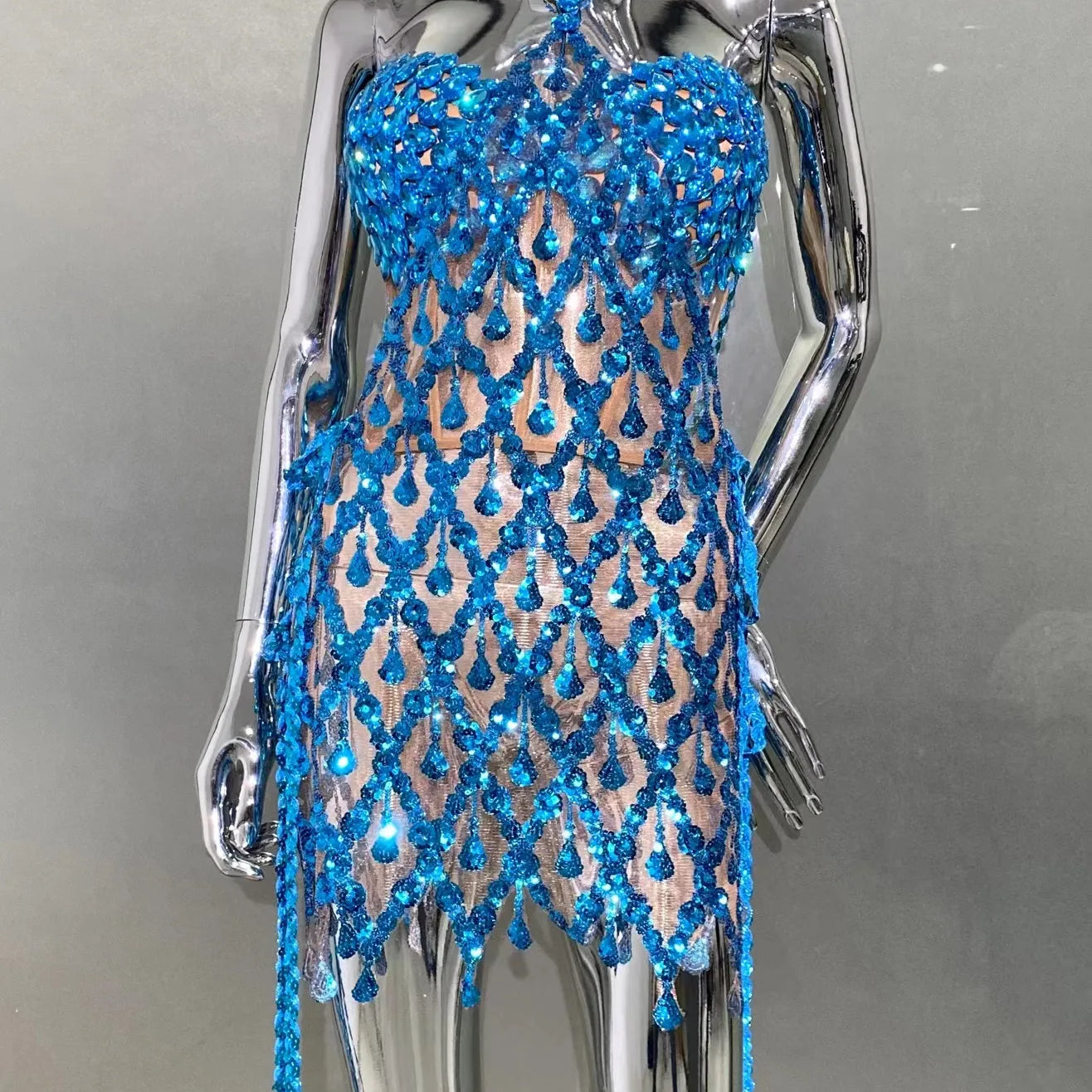 Blue Sequins Shining Diamonds Long Tassel Sleeveless Mini Dress 2 Pieces High Quality Birthday Party Outfit Performances Costume