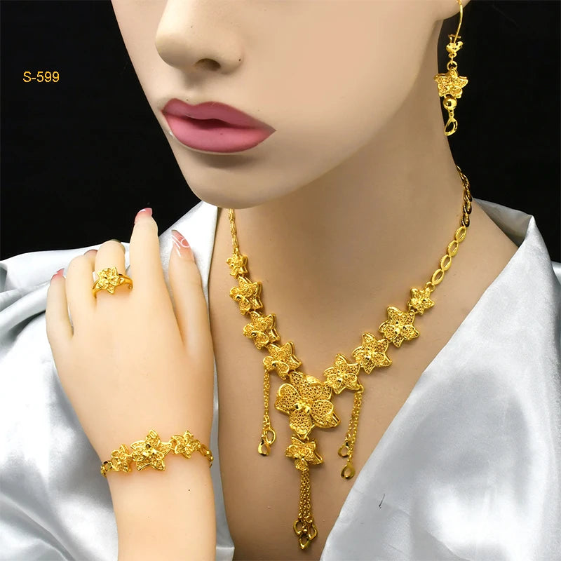 Ethiopian Tassel 24k Gold Plated Jewelry Sets For Women Arabic Wedding Indian Bridal Dubai Necklace And Earring Set Gifts S-599