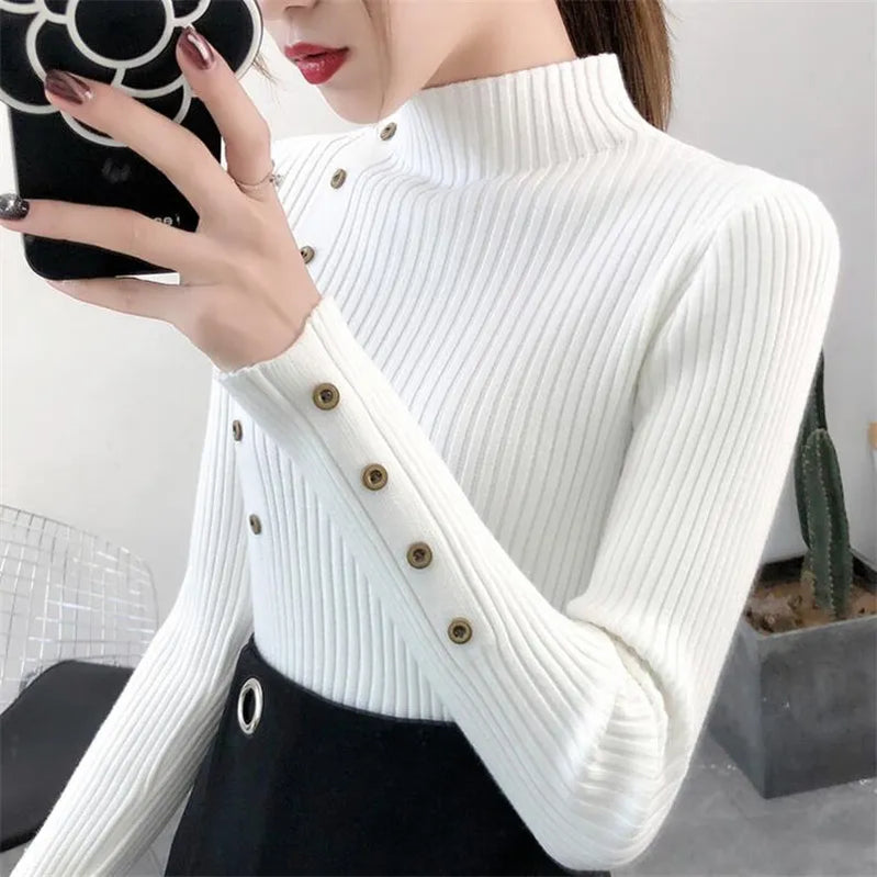 Women Autumn Knitted Slim Sweaters Solid Knitted Female Cotton Soft Elastic Color Pullovers Button Full Sleeve Turtleneck WHITE One Size