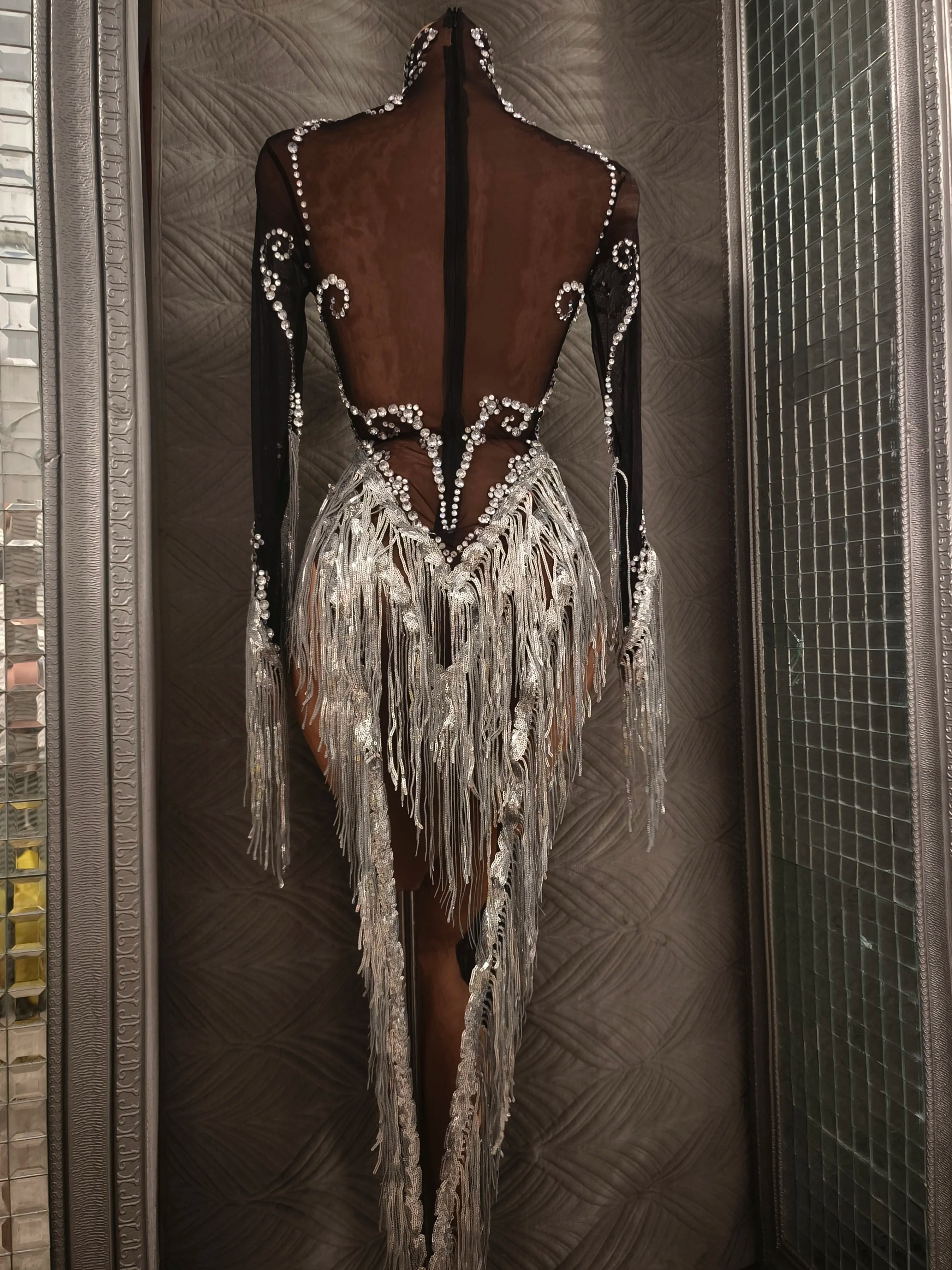 Women Sexy Mesh Silver Black Crystal Stretchy Night Club See Through Singer Dancer Tassel Stage Costume Mini Party Dress