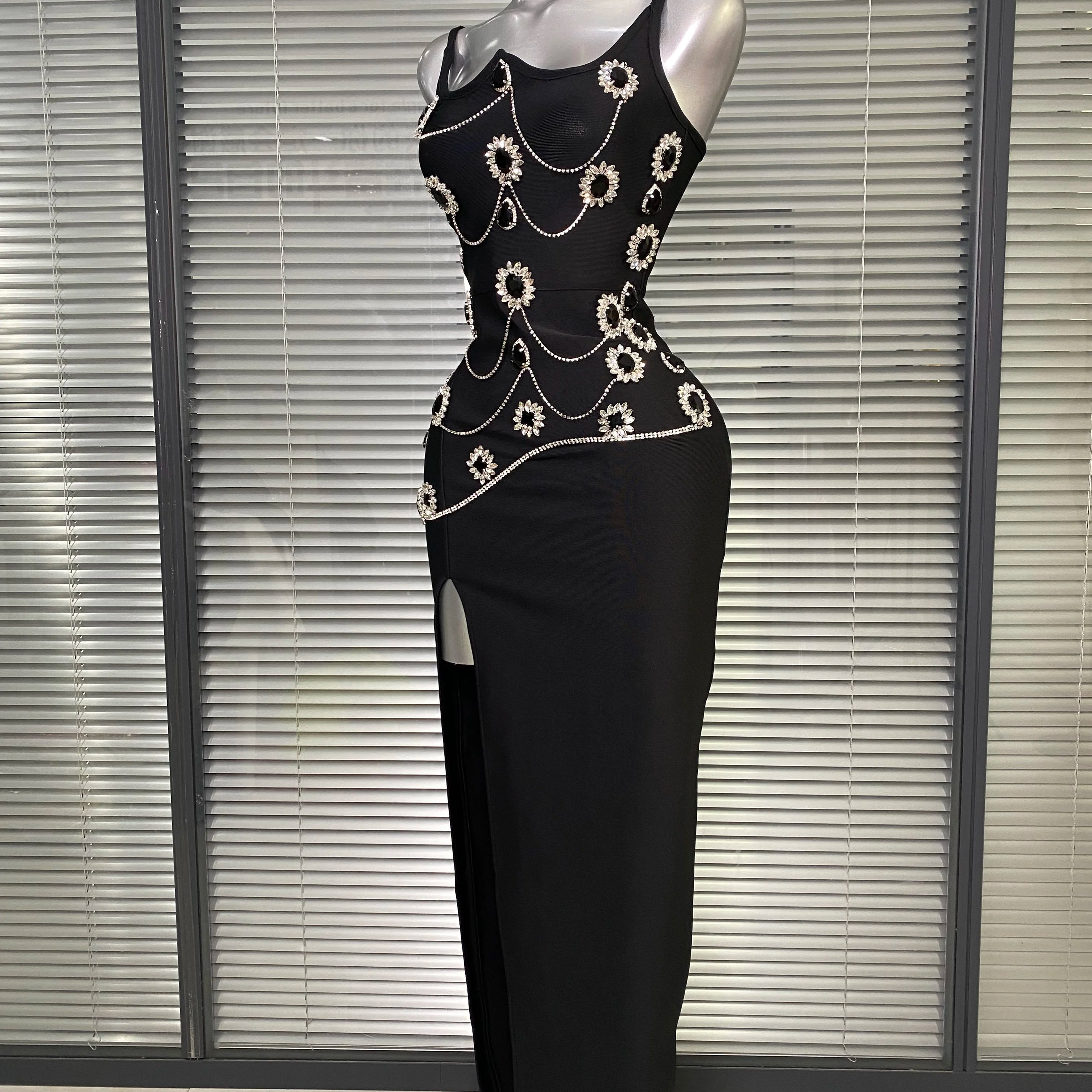 Brand New 2025 Women Black Long Bodycon Bandage Dress Crystal Chain Elegant Evening Party Dress Vestido