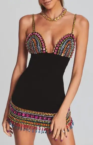 STOCK Colorful Diamonds Sexy V-Neck Spaghetti Strap Mini Bandage Dress Fashion Woman Evening Dress Holiday Vocation Vestido