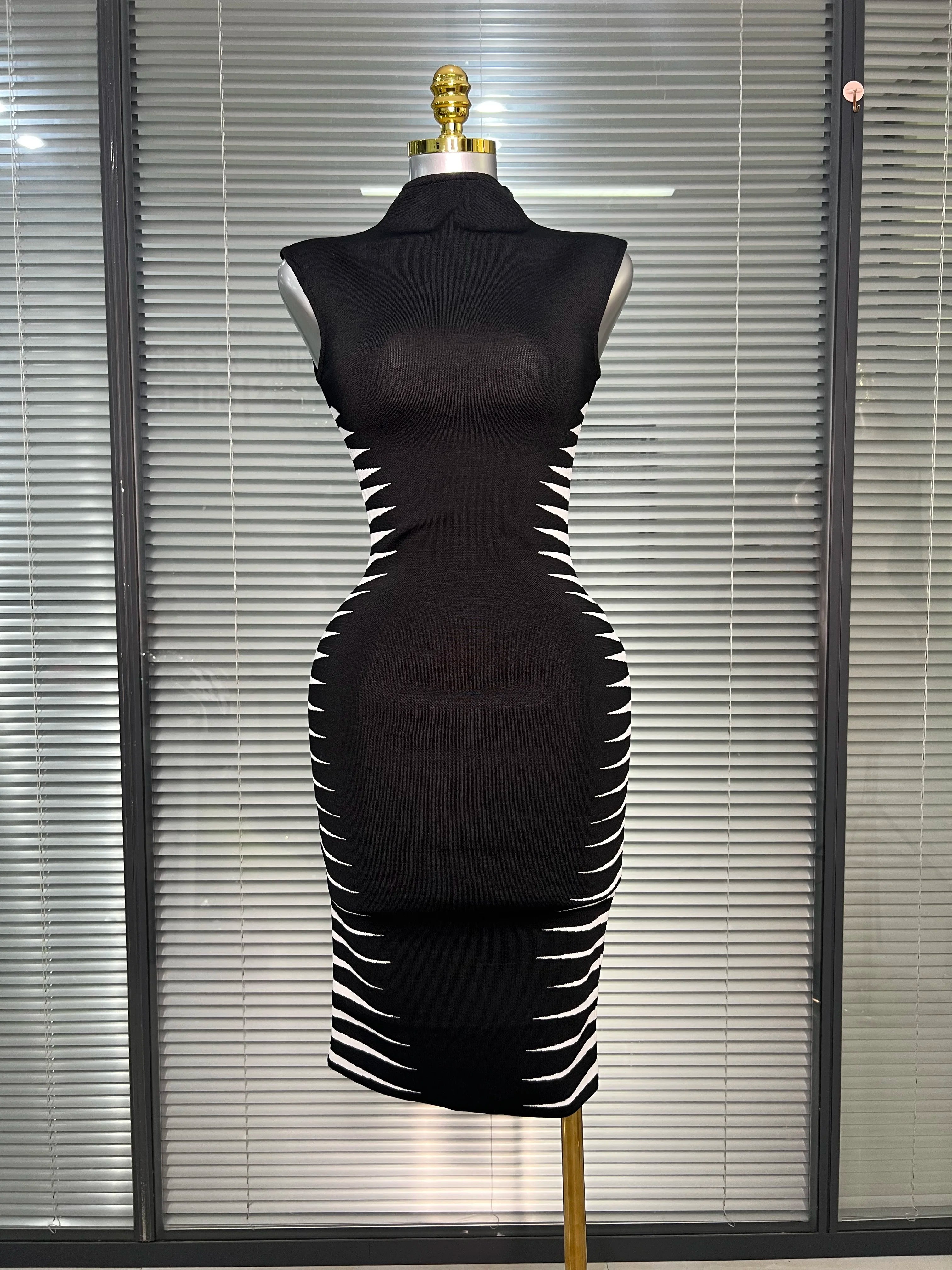 Women Sexy Black Jacquard Tank Midi Bodycon Bandage Dress High Street Elegant Celebrity Party Dress