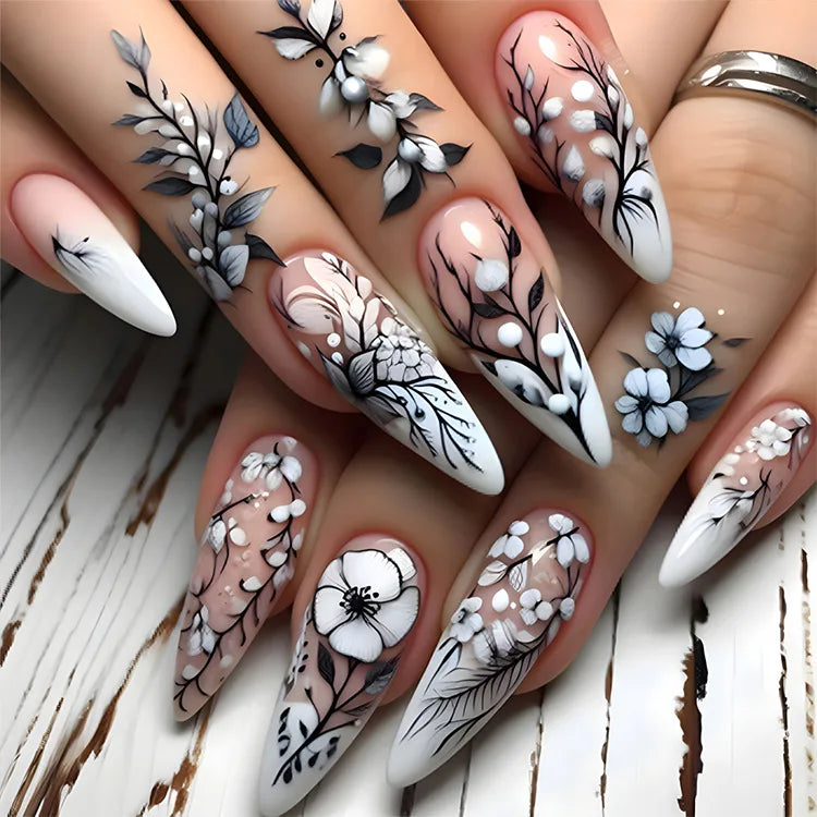 24Pcs Retro French Fake Nails with Moon Leaves Design Wearable Glitter False Nail Mid-length Almond Reusable Press on Nails Art